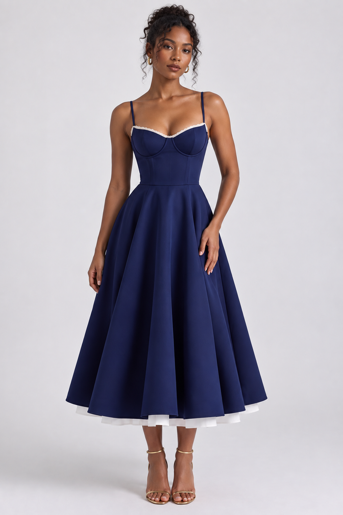 Vestido Midi Bella- Dupla Camada Azul Marinho
